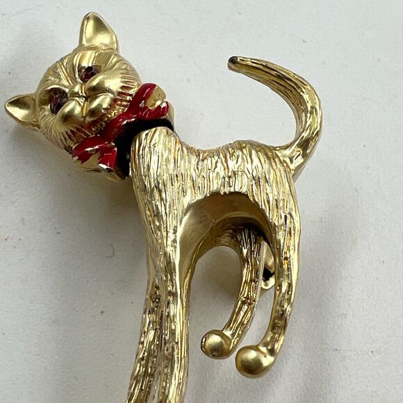 Siamese Cat Brooch Pin Gold Tone Moving Head Red Bow & Eyes Vintage 1950s MCM - Picture 3 of 5
